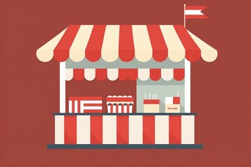 Shop illustration with red and white awning, red background, sales concept. Generative AI