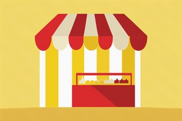 Shop illustration with red and white awning, yellow background, sales concept. Generative AI