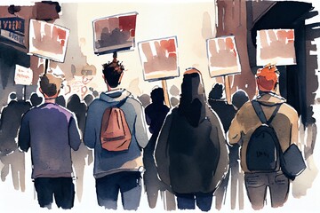 Watercolor Illustration of a Rear View Of People With Placards And Posters Protesting In The City. Generative AI