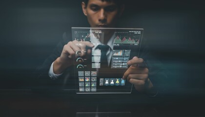 Man surveilling currency rates, stock market report graphs from a smartphone