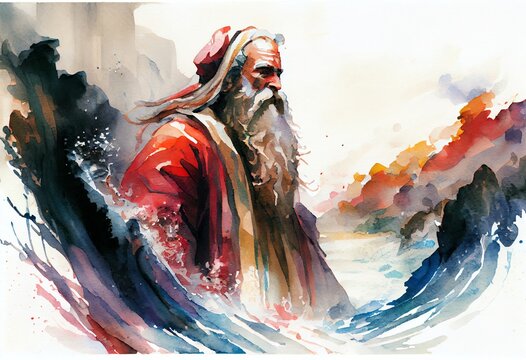 Watercolor Illustration of a Prophet Moses And The Red Sea. Generative AI