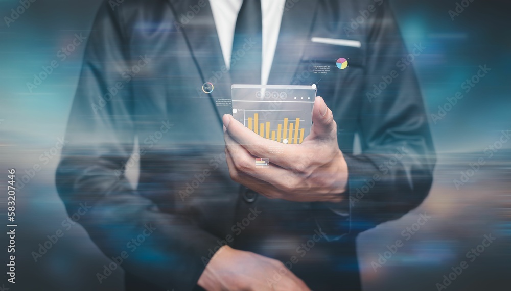 Poster man using a mobile phone with a forex trading graph, stock market report