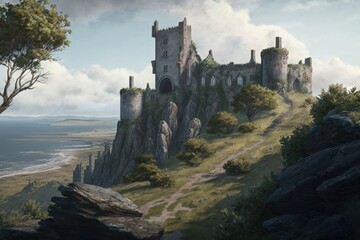 Fototapeta na wymiar Medieval castle illustration on a hill, fantasy concept, anime style. Generative AI
