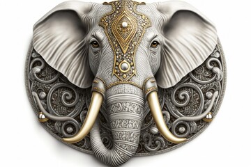 Elephant illustration with golden trappings, white background. Generative AI
