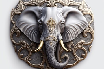 Elephant illustration with golden trappings, white background. Generative AI