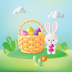 3d Happy Easter Concept Plasticine Cartoon Style with Funny Character Bunny and Full Painted Eggs Basket. Vector illustration of Spring Holiday