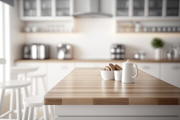 Fototapeta na wymiar Empty Top of Wooden Table: minimal kitchen interior with blurred scandinavian background and lifestyle kitchen utensils, Generative AI