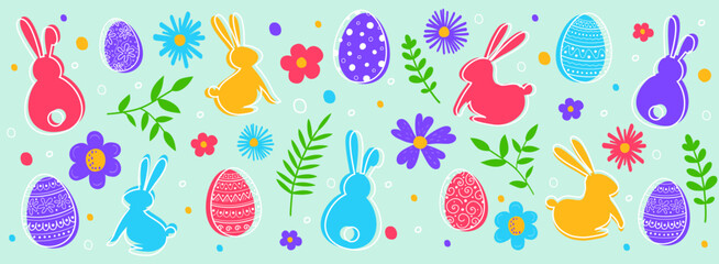 Easter decoration with painted eggs, bunnies and flowers. Banner. Vector illustration