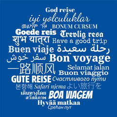 Circular composition of "Bon voyage" messages in world different written languages, White texts on blue background