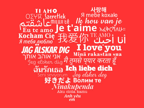 Heart composition of "I love you" messages in world different written languages, White texts on red background