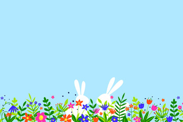 Fototapeta na wymiar Easter background with bunnies hidden in flower meadow. Vector illustration