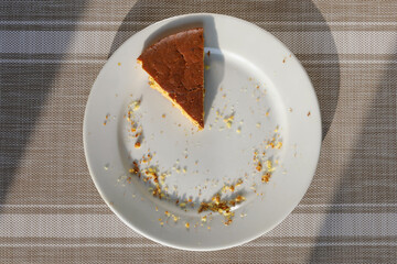 Last piece of baked pie on plate with crumbs from others in flat lay