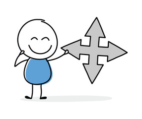 Hand drawn arrow symbol. Funny concept with a stickman holding icon. Cartoon style design. Vector illustration