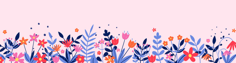 Floral decoration. Spring banner with colourful blooming flower and leaves. Panoramic header. Vector illustration