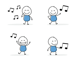 Collection of a happy stickman holding music notes sign. Cartoon style icons for a business presentation. Vector illustration.