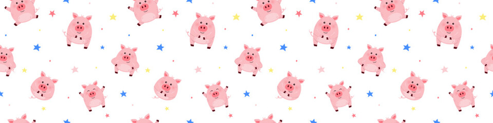 Background with funny pigs. Design of a seamless pattern for kids. Banner. Vector illustration