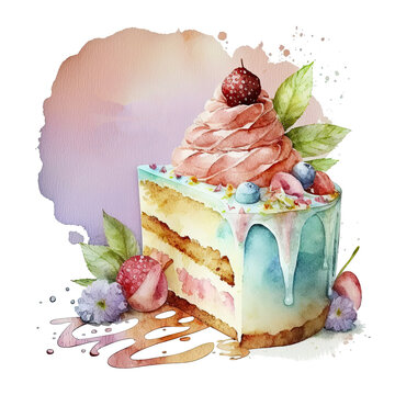 Watercolor Birthday Cake. Illustration AI Generative