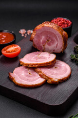 Delicious fresh baked meat roll with spices and herbs