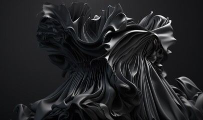  a black and white photo of a dress with ruffles on the bottom of the dress and a black background with a white spot in the middle.  generative ai