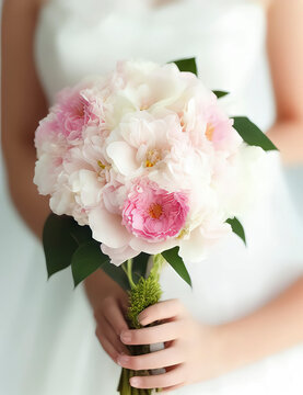 Wedding Theme, Bride holding beautiful wedding posy with delicate pink, lite pink, and white flowers and green foliage, created with Generative AI technology