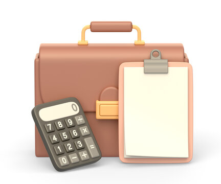 Realistic 3d icon of businessman briefcase, clipboard and calculator