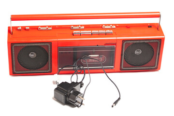 Retro portable stereo cassette recorder with a power supply
