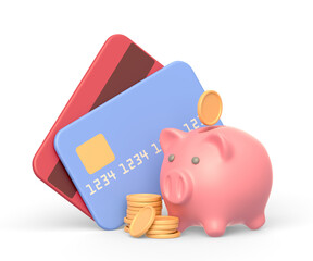Realistic 3d icon of two credit or debit cards and piggy bank