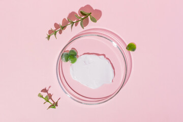 Petri dish with cream on a pink background. Surrounded by plants.