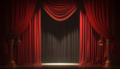 Red curtains of theater stage show spotlight, background for poster. Generation AI