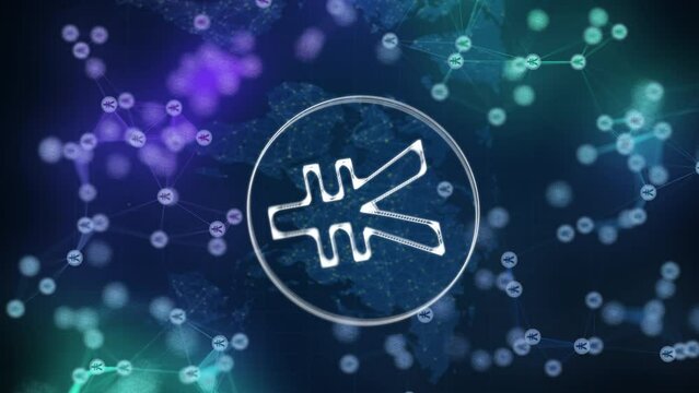 Vertical video. Glowing Japanese yen symbol on blue background with world map. Colored plexus lines with currency signs. Looped 3D animation.