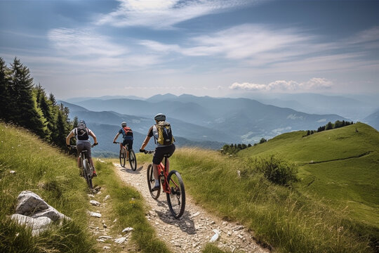 Athletes Mountain Biking on a Trail with Mountain Range in the Background. AI Generated