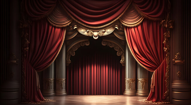 Red curtains of theater stage show spotlight, background for poster. Generation AI