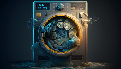 Money Bitcoin Cryptocurrency laundering washing machine, Mining Crime enrichment and profit concept. Generation AI