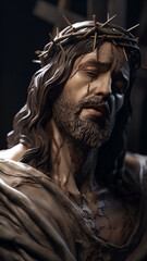 Portrait of Jesus Christ suffering with crown of thorns, illustration created with Generative AI technology