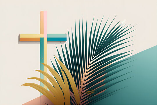 graphic palm leaves in pastel colors, palm sunday greeting card, ai-generated image