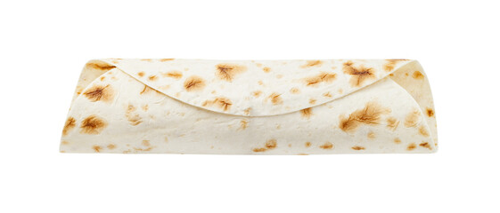 Pita tortilla lavash rolled into tube without filling, top view, isolated on white background with clipping path