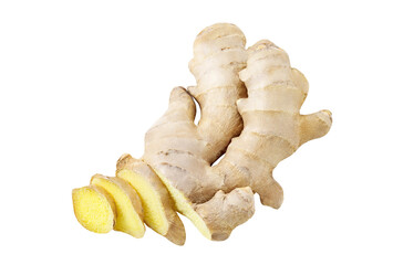 Ginger root cut into pieces, isolated on white background with clipping path