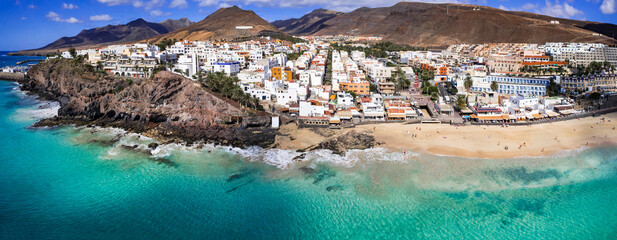 Fuerteventura Canary islands. aerial drone view of Morro Jable town and beautiful sandy beach. popular tourist resort.
