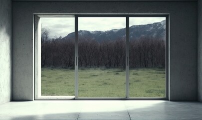  an empty room with a large window and a view of a field outside of the window, with mountains in the distance, and trees in the distance.  generative ai