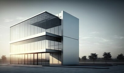  a large white building sitting on top of a road next to a forest of trees and a sky background with clouds and sun shining on the building.  generative ai