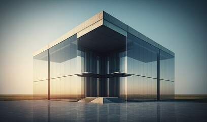  a glass building with a staircase leading up to the top of it in the middle of a field with grass and a blue sky in the background.  generative ai