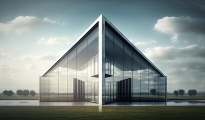  a glass building with a reflection of the sky in the windows and grass in front of it and a body of water in the foreground.  generative ai