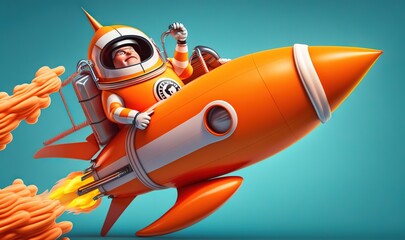 Obraz na płótnie Canvas an orange rocket with a man in a space suit riding on top of it and holding a cigarette in his hand and a pile of pasta in the other hand. generative ai