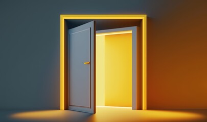  an open door with a bright yellow light coming in to a room with a gray wall and a yellow light coming in from the door.  generative ai
