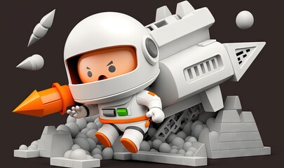  a small robot with a rocket and a rocket ship in the air, with a rocket in its hand and balls in the air around him.  generative ai