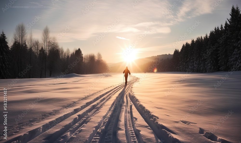 Aufkleber a person is walking through the snow towards the sun in the distance with trees in the background an