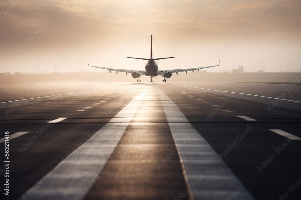 Aufkleber a large jetliner flying over a runway on a foggy day with the sun shining down on the runway and the