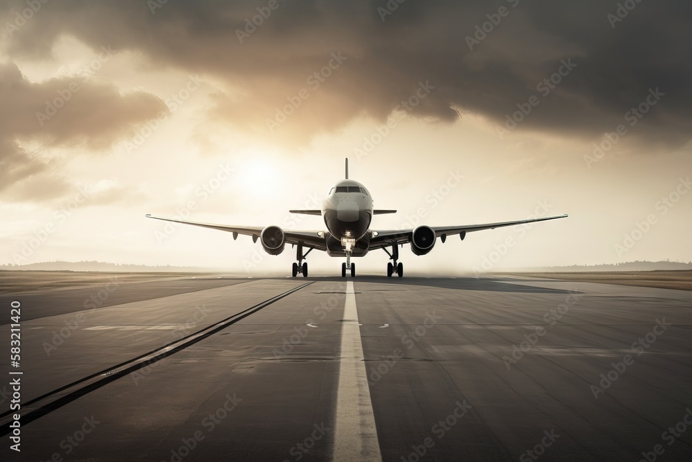 Poster a large jetliner taking off from an airport runway under a dark sky with a sun behind it and a line 