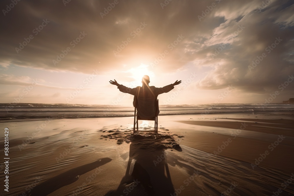 Poster a person standing on a beach with their arms spread out in front of a sun setting over the ocean wit