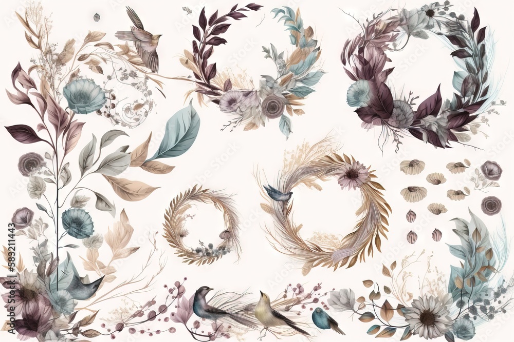 Poster a bunch of different flowers and leaves on a white background with a white background and a white ba
